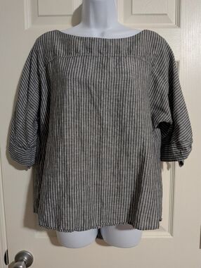 ravel Large Gray and White Striped Linen Cotton Blend Boatneck Blouse Button
